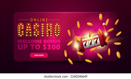 Online casino, volumetric banner for website with offer of welcome bonus, button and red slot machine with golden coins around