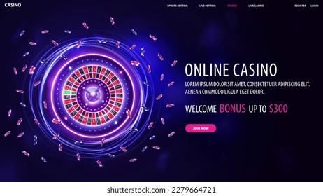 Online casino, web banner with offer, button and Pink and blue rotate neon Casino Roulette wheel with poker chips