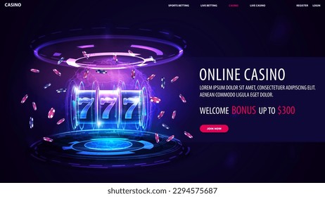 Online casino, web banner with offer, button and Neon Casino slot machine with jackpot, poker chips and hologram of digital rings in dark empty scene