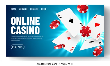 Casino en línea. Plantilla de página de inicio web o banner para juego de póquer en internet. Ilustración del juego con tarjetas de póquer volando, fichas elementos de juego. Ilustración del vector