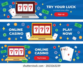Online casino website banner set - flat cartoon templates with open laptop and gambling tokens, playing cards and prize money, vector illustration of gamble victory symbols 