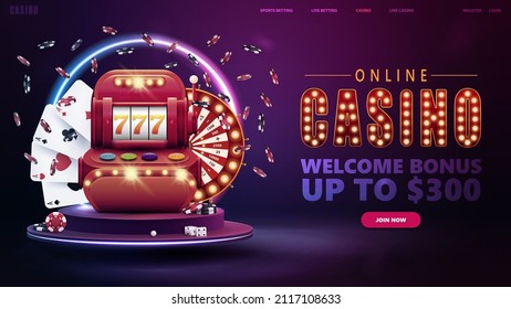 Online casino, welcome bonus, banner for website with button, slot machine, Casino Wheel Fortune, poker chips and playing cards on podium with round neon frame