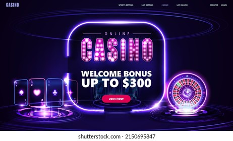 Online casino, welcome bonus, banner for website with button, digital neon casino slot machine, roulette wheel, playing cards