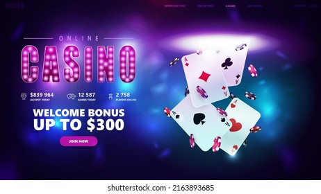 Online casino, welcome bonus, banner for website with button playing cards with poker chips flying out of the portal