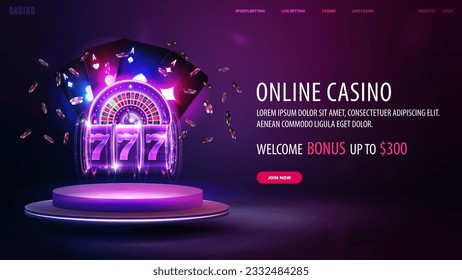 Online casino, welcome bonus, banner for website with button, purple neon casino roulette, neon slot machine, neon playing cards and poker chips on pink podium