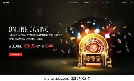 Online casino, welcome bonus, black banner with interface elements, neon gold slot machine, neon Casino Roulette, poker chips and playing cards on dark background