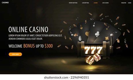 Online casino, welcome bonus, black banner with offer, neon slot machine, black playing cards, dice and poker chips on dark background