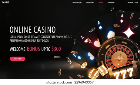 Online casino, welcome bonus, black banner with offer, slot machine, Casino Roulette, poker chips and neon playing cards on dark background