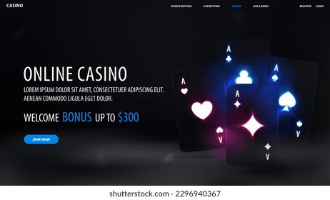 Online casino, welcome bonus, black banner with offer and black neon playing cards on dark background with fog