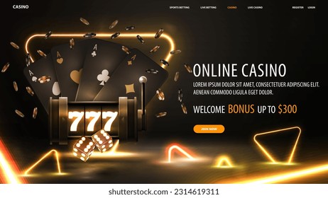 Online casino, welcome bonus, black banner with offer, slot machine, chips, playing cards and gold neon triangles around