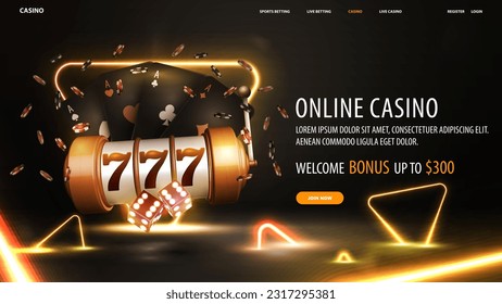 Online casino, welcome bonus, black banner with offer, casino slot machine, dice, black playing cards and gold neon ring in dark scene with gold neon triangles around