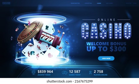 Online casino, welcome bonus, blue banner for website with button, casino playing cards, casino roulette, slot machine and poker chips inside blue portal made of digital rings in dark empty scene