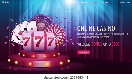 Online casino, welcome bonus, web banner with offer, slot machine, wheel fortune, roulette wheel, poker chips and playing cards on red round podium with curtain on background