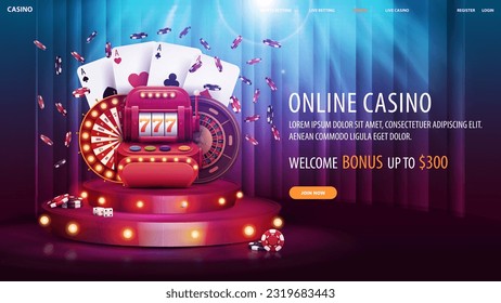 Online casino, welcome bonus, web banner with offer and red cartoon podium with Casino elements and bulbs lights.