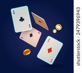 Online casino, welcome bonus, win banner, jackpot, poker, card suits, cards and money. Falling cards and coins. Gambling design
