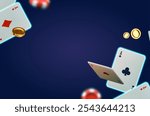 Online casino, welcome bonus, win banner, jackpot, poker, card suits, cards, money and poker chips.