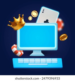 Online casino, welcome bonus, win banner, jackpot, poker, card suits, cards, money and poker chips with pc and crown