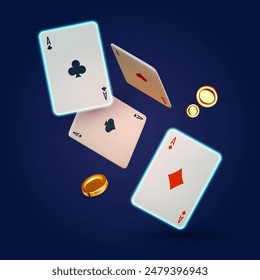 Online casino, welcome bonus, win banner, jackpot, poker, card suits, cards and money. Falling cards and coins. Gambling design