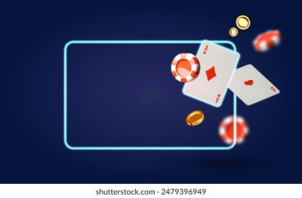 Online casino, welcome bonus, win banner, jackpot, poker, card suits, cards, money and poker chips.