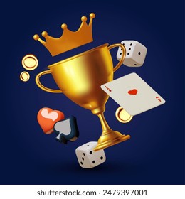 Online casino, welcome bonus, win banner and win cup, jackpot, poker, card suits, cards, money, dice and poker chips with crown