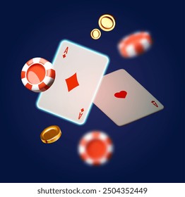 Casino en línea, bono de bienvenida, ganar Anuncio, bote, póker, palos de cartas, tarjetas y dinero. Tarjetas y monedas que caen. Diseño de juegos de azar