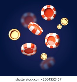 Online casino, welcome bonus, win banner, jackpot, poker, card suits, cards, money and poker chips Falling casino chips with coins. Gambling design.