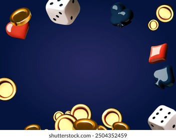 Online casino, welcome bonus, win banner, jackpot, poker, card suits, cards, money, dice and poker chips