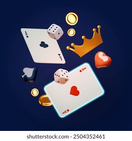 Online casino, welcome bonus, win banner, jackpot, poker, card suits, cards, money and dice with crown