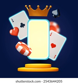 Online casino, welcome bonus, win banner, jackpot, poker, card suits, cards, money, smartphone and poker chips with crown