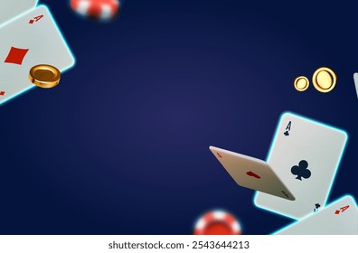 Online casino, welcome bonus, win banner, jackpot, poker, card suits, cards, money and poker chips.