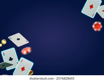 Online casino, welcome bonus, win banner, jackpot, poker, card suits, cards, money and poker chips.