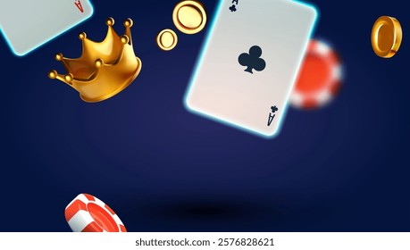 Online casino, welcome bonus, win banner, jackpot, poker, card suits, cards, money and poker chips with crown