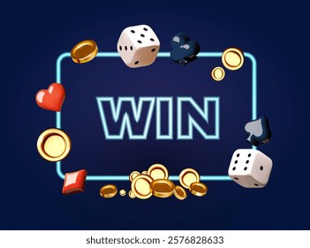 Online casino, welcome bonus, win banner, jackpot, poker, card suits, cards, money, dice and poker chips