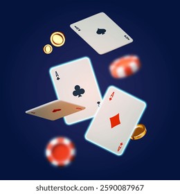 Online casino, welcome bonus, win banner, jackpot, poker, card suits, cards, money and poker chips.