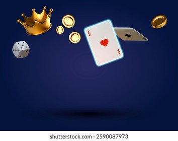 Online casino, welcome bonus, win banner, jackpot, poker, card suits, cards, money and poker chips.