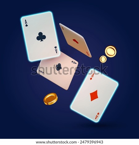 Online casino, welcome bonus, win banner, jackpot, poker, card suits, cards and money. Falling cards and coins. Gambling design