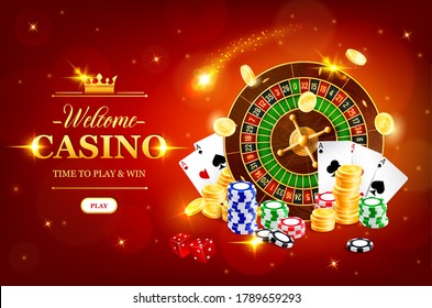 Online casino wheel of fortune vector roulette gambling game. Jackpot big win, casino poker club cash. Golden coins, dice, playing cards and chips. Las Vegas royal gamble games realistic 3d poster