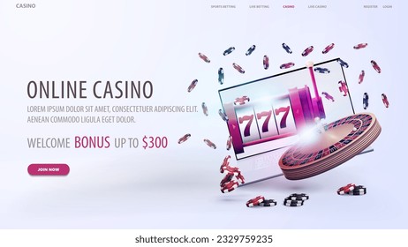 Online casino, white web banner with offer, laptop, slot machine, roulette and poker chips on white background