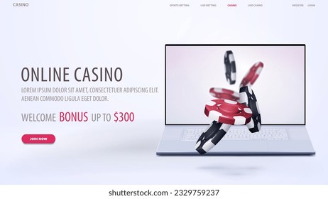 Online casino, white web banner with offer, laptop and red and black realistic gambling stack of dropping casino chips on white background