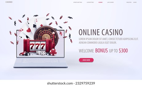 Online casino, white web banner with offer, laptop, slot machine, playing cards, roulette, dice and poker chips on white background