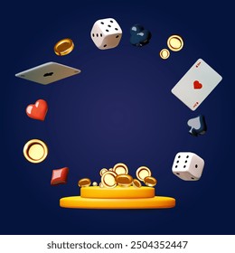 Podio del ganador del casino en línea, bono de bienvenida, ganar Anuncio, bote, póker, palos de cartas, tarjetas, dinero, dados y fichas de póker