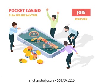 Online casino. Winners lucky happy people playing roulette blackjack gambling on smartphones and tablets vector isometric gaming concept