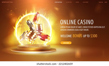 Online casino, yellow banner with gold 3D dice, stack of casino chips and gold podium with yellow neon ring on fire, 3d realistic vector illustration.