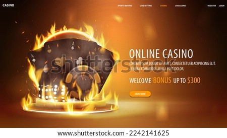 Online casino, yellow banner with welcome bonus, button, gold casino playing cards, dice and poker chips on gold podium with yellow neon ring on fire, 3d realistic vector illustration.