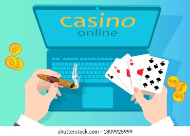 Online casino.Computer hands and player and playing cards.The concept of organizing online gambling.Flat vector illustration.