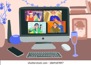 Online celebrate Christmas. Virtual party, meet up, video conference. Stay home, stay safe. Friends or family meeting on the net together and have fun. Vector flat style hand drawn illustration.