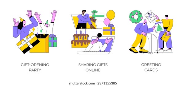 Online celebration abstract concept vector illustration set. Gift-opening party, sharing gifts online, greeting cards, guest invitation, unpacking present, camera, winter holiday abstract metaphor.