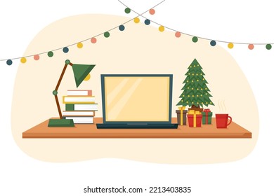 Online celebration of Christmas - laptop screen, Christmas tree, gift boxes at the workplace