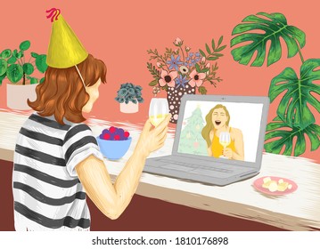 Online celebration from home. Self-isolation in Covid-19 quarantine vector illustration.