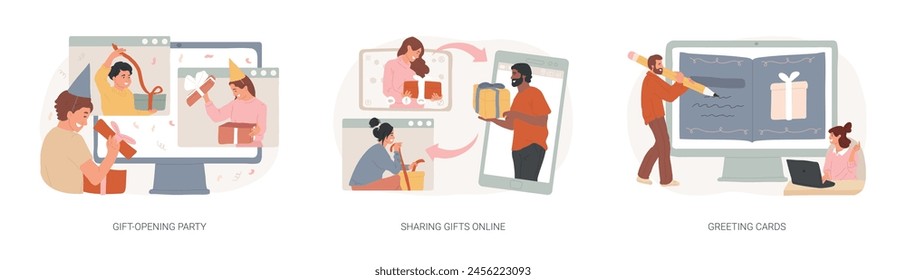 Conjunto de Ilustración vectorial de concepto aislado de celebración en línea. Fiesta de apertura de regalos, compartir regalos en línea, tarjetas de felicitación, invitación de invitado, regalo de desembalaje, cámara, concepto de Vector de vacaciones de invierno.